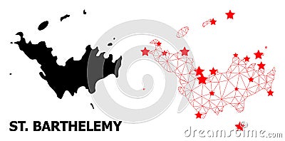 Wire Frame Polygonal Map of Saint Barthelemy with Red Stars Vector Illustration