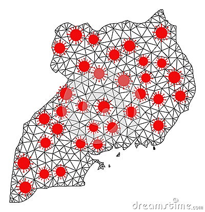 Wire Frame Polygonal Map of Uganda with Red Virus Centers Vector Illustration