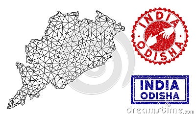 Polygonal Carcass Odisha State Map and Grunge Stamps Vector Illustration