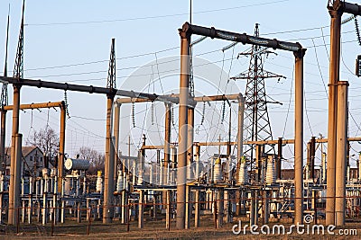 Wire line transmission electron. Power transmission substation. Stock Photo