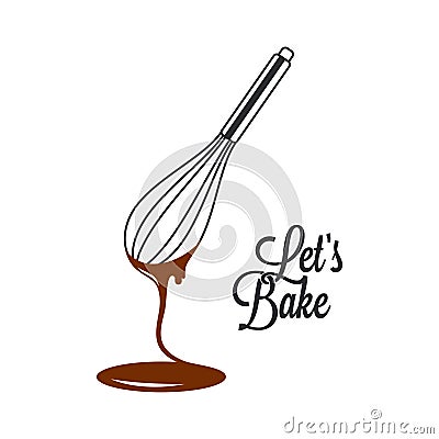 Wire whisk and chocolate for bakery cooking or cake on white background Vector Illustration