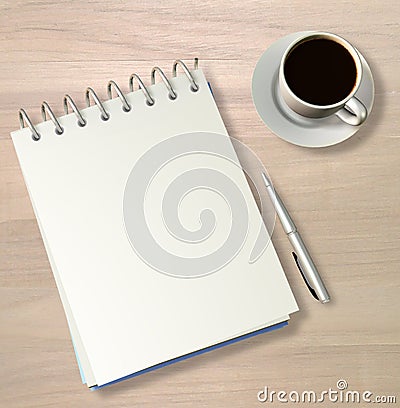 Wirebound Note Book, Pen And Black Coffee - 3D Render Stock Photo