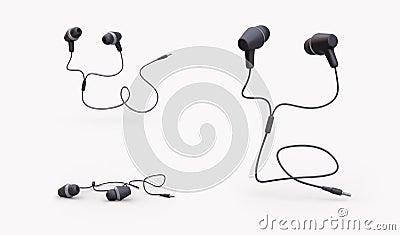 Wired black earphones in different positions. Small portable model of headphones Vector Illustration