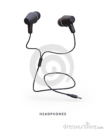 Wired black headphones, earphones. Realistic image. Personal acoustic gadget Vector Illustration