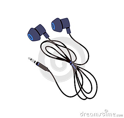 Wired corded earbuds. Small earphones, music gadget with tied cable. Ear buds, phones, audio accessory, sound device Vector Illustration