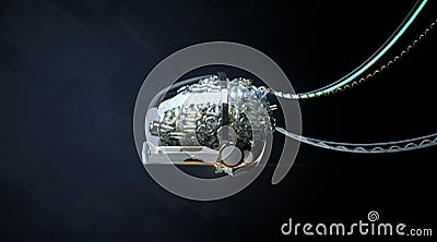 Wired glossy robotic organ - brain 3d render Cyborg brain 3d illustration generative Neural networks machine learning Cartoon Illustration