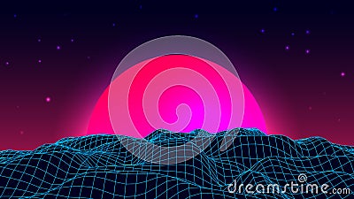 Wireframe background landscape. 1980s retro wave style. Sci-Fi futuristic vector illustration of sunrise or sunset. Vector Illustration