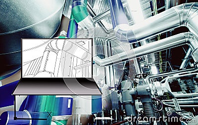 Wireframe computer cad design of pipelines Stock Photo