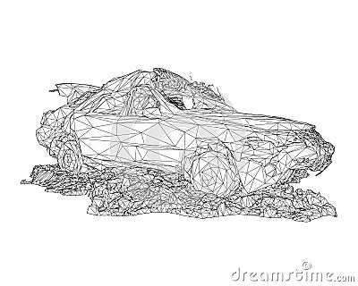 Wireframe of destroyed car in a pile of rubbish from black lines isolated on white background. 3D. Vector illustration Vector Illustration