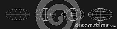 Wireframe ellipse planets in old cyberpunk style. Retrofuturistic design elements. Cyber planet set. Collection of Vector Illustration