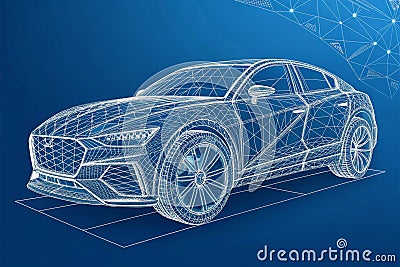 Wireframe of futuristic car concept with blue background- Low polygon, particle, and triangle style design - generated by ai Stock Photo