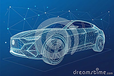 Wireframe of futuristic car concept with blue background- Low polygon, particle, and triangle style design - generated by ai Stock Photo