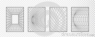 Wireframe grid Geometry backgrounds. Abstract 3d cyberpunk elements vector set in trendy psychedelic rave style. Y2k Vector Illustration