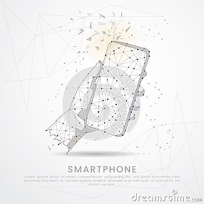 Digitally drawn hand holding a smart phone with break effect black low poly wire frame. Vector Illustration