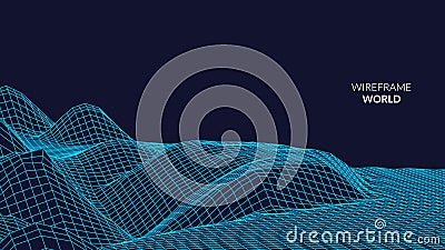 Wireframe Landscape Background. Futuristic Landscape with line Grid. Low Poly 3D Wireframe Mapping. Network Cyber Vector Illustration