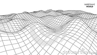 Wireframe Landscape Background. Futuristic Landscape with line Grid. Low Poly 3D Wireframe Mapping. Network Cyber Vector Illustration