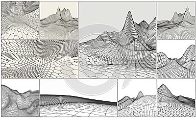 Wireframe landscape backgrounds set. EPS 10 Vector illustration. Terrain digital topography wireframe. Mountain data Vector Illustration