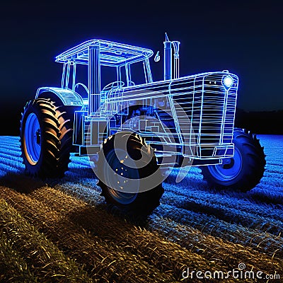 Wireframe of a large tractor made of blue lines with glowing lights isolated on a dark Perspective Cartoon Illustration