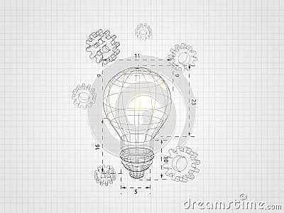 Wireframe lightbulb with 3d gear on grid background represents technology concept and engineering. Vector illustration Vector Illustration