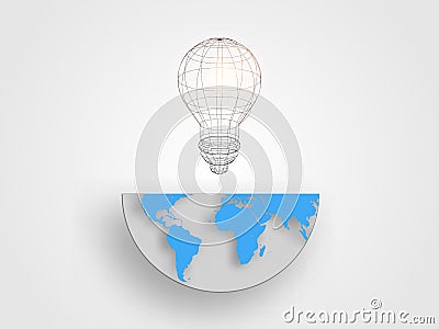 Wireframe lightbulb on half size of the earth map represent concept of innovation and idea. Technology background. Vector Illustration