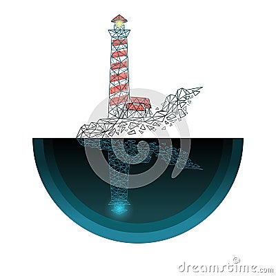 Wireframe lighthouse on a rock reflected in water Vector Illustration