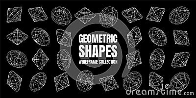 Wireframe lined shapes. Perspective mesh, 3d grid. Low poly geometric elements. Retro futuristic design elements, y2k Vector Illustration