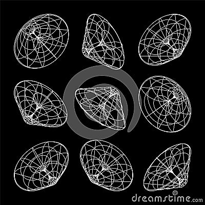 Wireframe lined shapes. Perspective mesh, 3d grid. Low poly geometric elements. Retro futuristic design elements, y2k Vector Illustration
