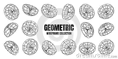 Wireframe lined shapes. Perspective mesh, 3d grid. Low poly geometric elements. Retro futuristic design elements, y2k Vector Illustration