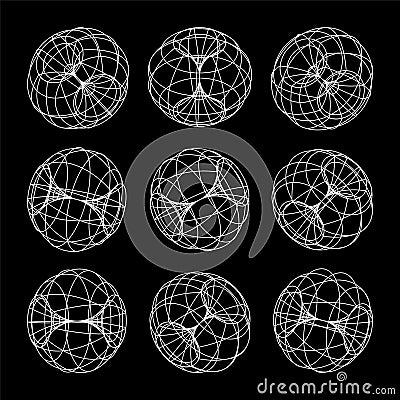 Wireframe lined shapes. Perspective mesh, 3d grid. Low poly geometric elements. Retro futuristic design elements, y2k Vector Illustration