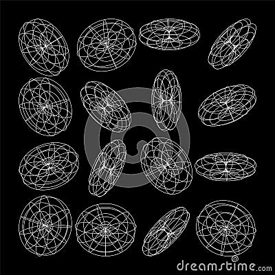 Wireframe lined shapes. Perspective mesh, 3d grid. Low poly geometric elements. Retro futuristic design elements, y2k Vector Illustration