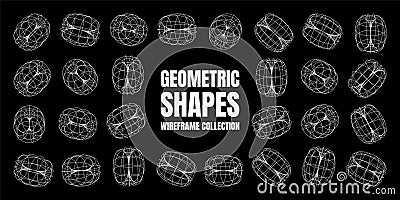Wireframe lined shapes. Perspective mesh, 3d grid. Low poly geometric elements. Retro futuristic design elements, y2k Vector Illustration
