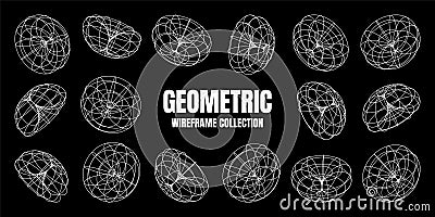 Wireframe lined shapes. Perspective mesh, 3d grid. Low poly geometric elements. Retro futuristic design elements, y2k Vector Illustration