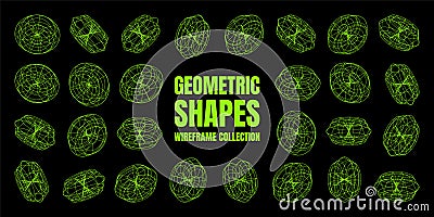Wireframe lined shapes. Perspective mesh, 3d grid. Low poly geometric elements. Retro futuristic design elements, y2k Vector Illustration