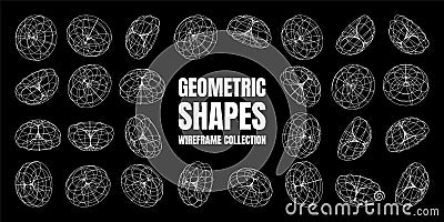 Wireframe lined shapes. Perspective mesh, 3d grid. Low poly geometric elements. Retro futuristic design elements, y2k Vector Illustration