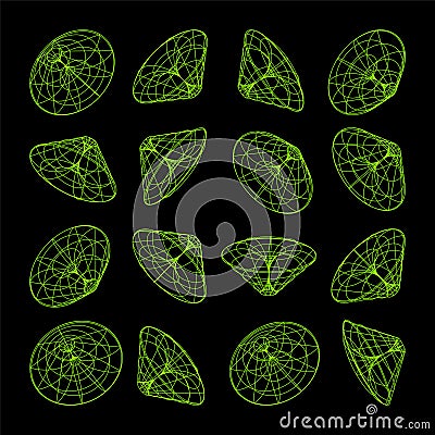 Wireframe lined shapes. Perspective mesh, 3d grid. Low poly geometric elements. Retro futuristic design elements, y2k Vector Illustration
