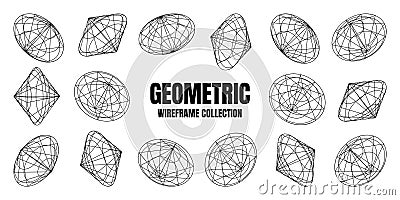 Wireframe lined shapes. Perspective mesh, 3d grid. Low poly geometric elements. Retro futuristic design elements, y2k Vector Illustration
