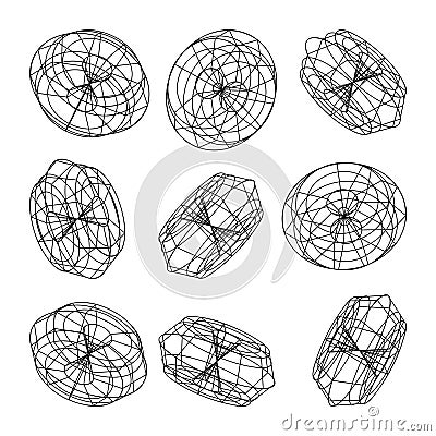 Wireframe lined shapes. Perspective mesh, 3d grid. Low poly geometric elements. Retro futuristic design elements, y2k Vector Illustration
