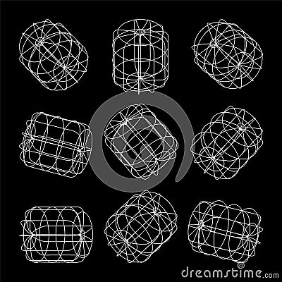 Wireframe lined shapes. Perspective mesh, 3d grid. Low poly geometric elements. Retro futuristic design elements, y2k Vector Illustration