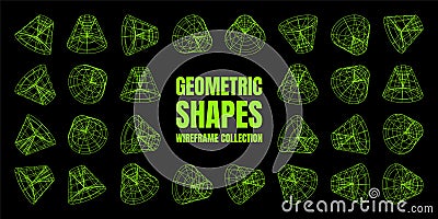 Wireframe lined shapes. Perspective mesh, 3d grid. Low poly geometric elements. Retro futuristic design elements, y2k Vector Illustration