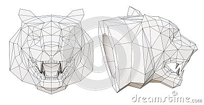 wireframe low poly tiger head in profile and full face Stock Photo