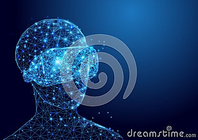 Wireframe man with VR headset sign mesh from a starry and start up concept background. Vector Illustration