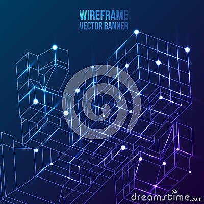 Wireframe Mesh Cubes. Connected dots and lines. Vector Illustration