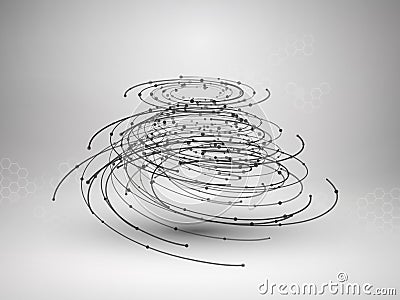 Wireframe mesh element. Abstract swirl form with connected lines and dots. Vector Illustration