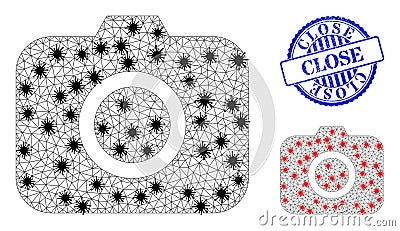 Wireframe Mesh Photocamera Icons with Flu Nodes and Scratched Round Close Watermark Vector Illustration