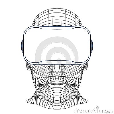 Wireframe Mesh Polygonal Head With VR Headset, Front View Vector Illustration