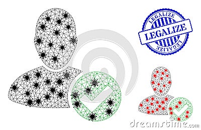 Wireframe Mesh Valid User Icons with Coronavirus Nodes and Grunge Round Legalize Seal Vector Illustration