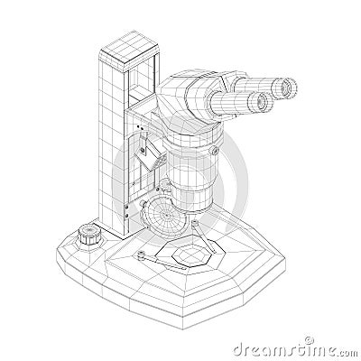 Wireframe of a microscope made of black lines isolated on a white background. Desktop microscope. Isometric view. 3D Vector Illustration
