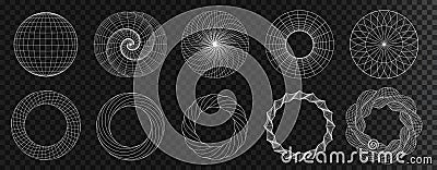 Wireframe outline. 3D abstract shapes set. surface mesh and geometric wireframe shapes. Cyberpunk vector elements. Vector Illustration