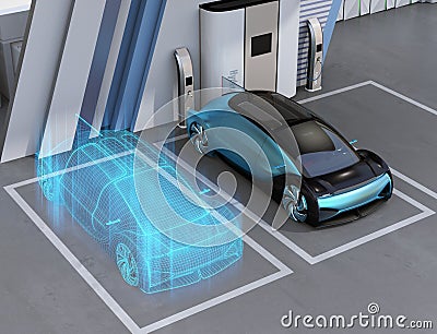 Wireframe rendering of Fuel Cell powered autonomous car in Fuel Cell Hydrogen Station Stock Photo