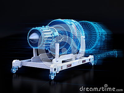 Wireframe rendering of turbojet engine and mirrored physical body on black background Stock Photo